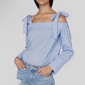 Blue Swiss Dot Off-Shoulder Bow Strap Cotton Top Sz L